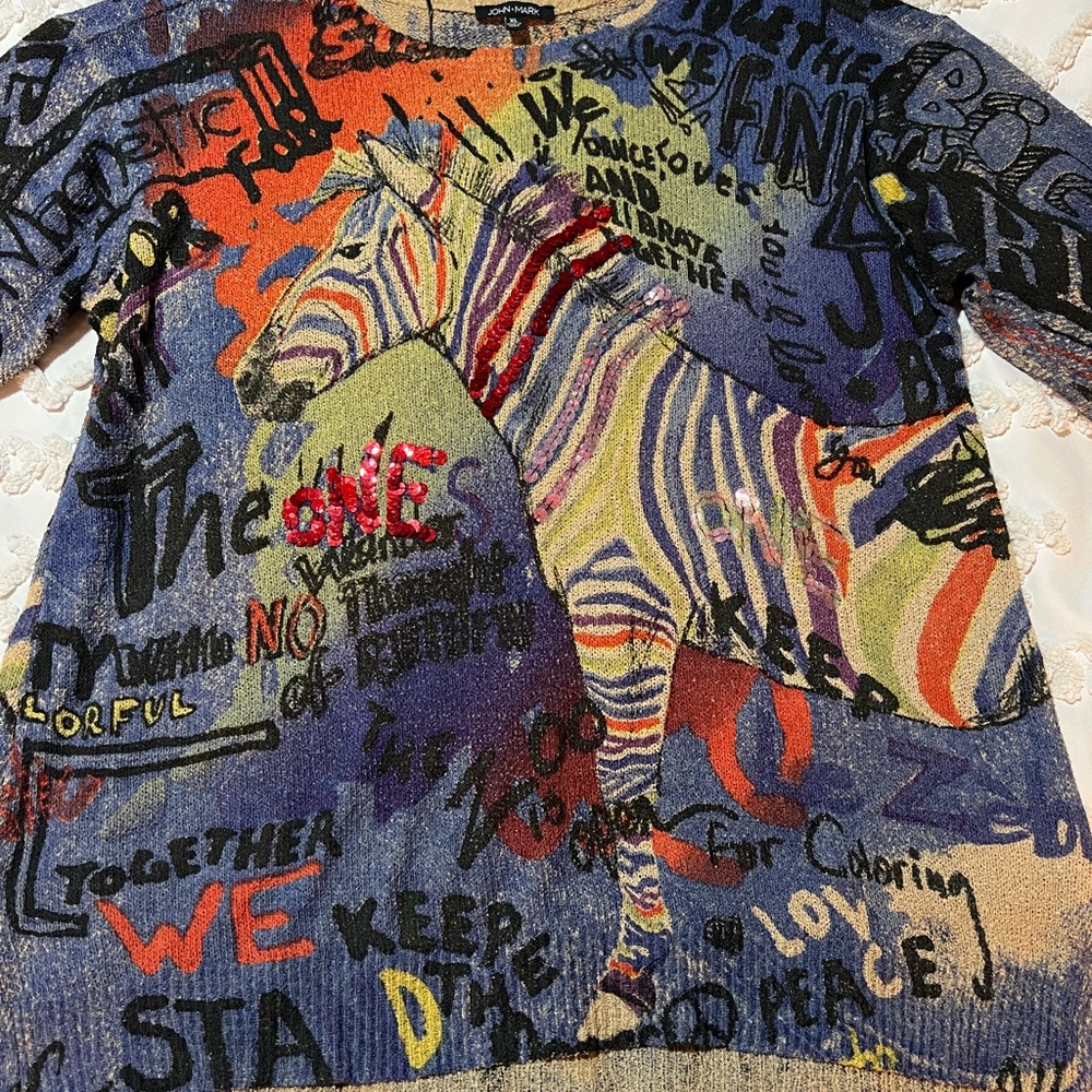 John Mark Multicolor Zebra Graphic Crewneck Sweater
